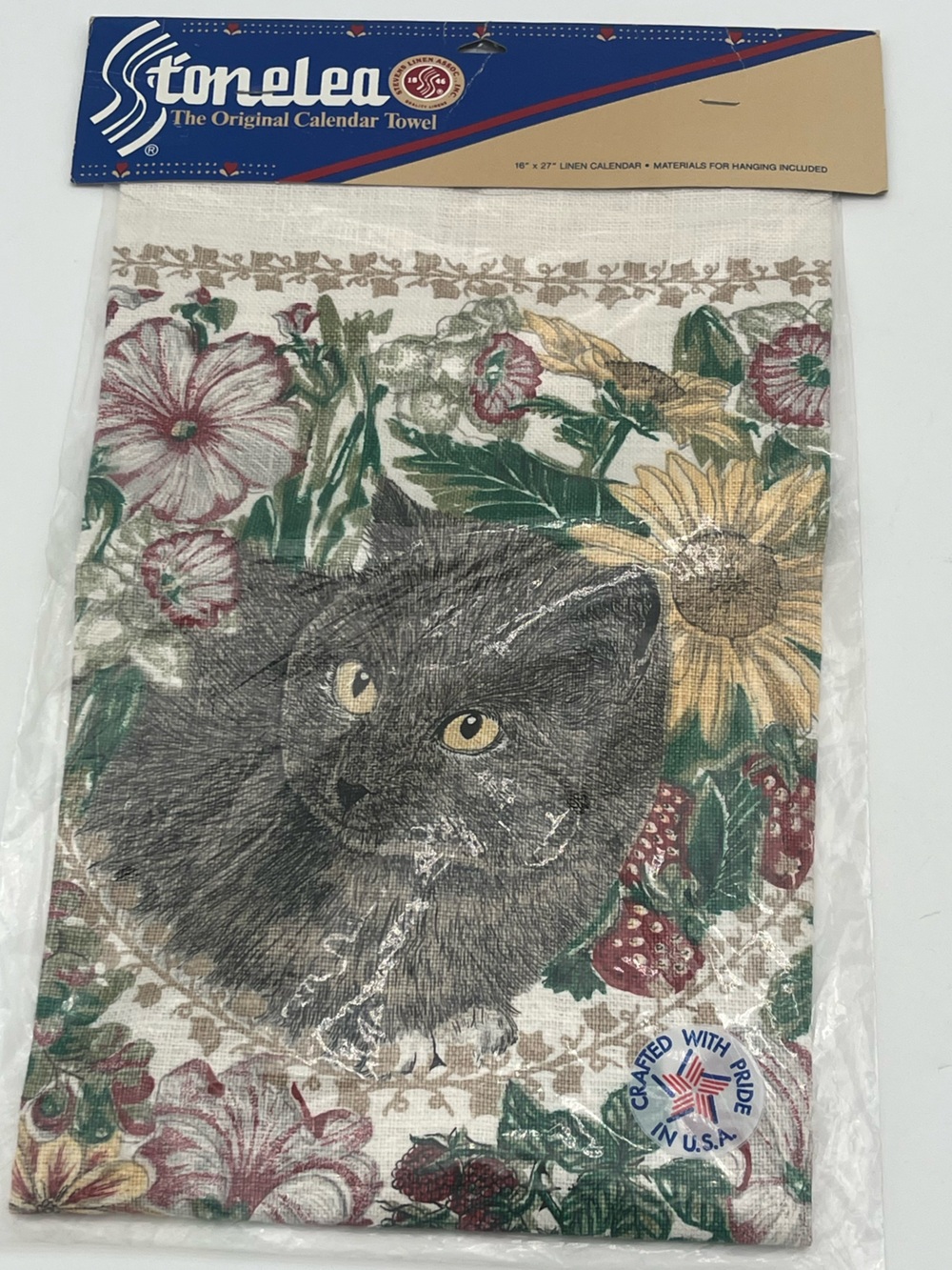 Vintage Cat Tea towel hanging calendar 1993 Floral Cottagecore sunflower 90s